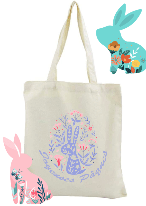 Tote Bag Lapin Fleuri Bleu Joyeuse Pâque