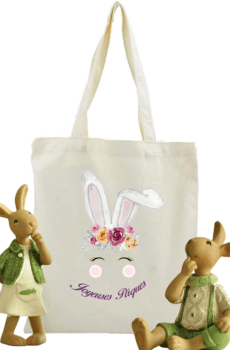 tote bag tête de lapin fleurs violettes joyeuses Pâques