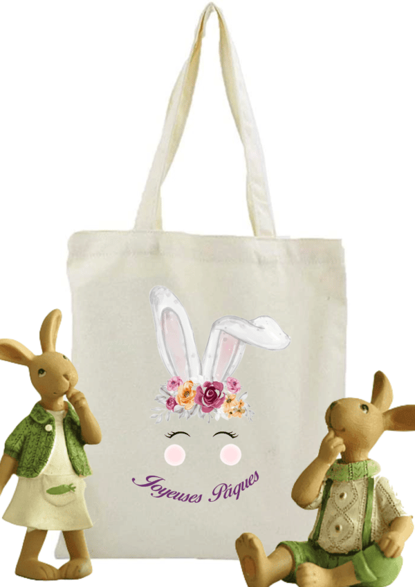 tote bag tête de lapin fleurs violettes joyeuses Pâques