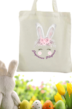 Sac personnalisé pâques : Tote bag tête de lapin Fleuri rose