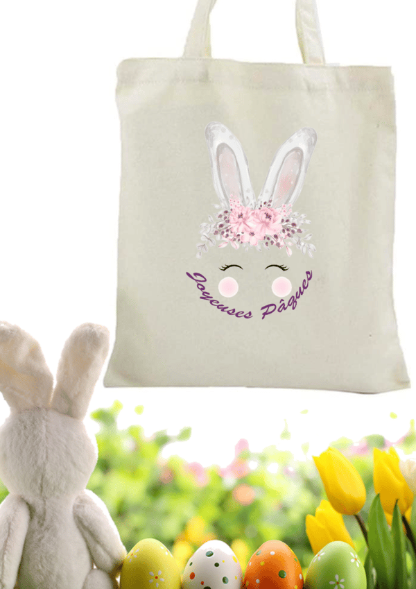 Sac personnalisé pâques : Tote bag tête de lapin Fleuri rose