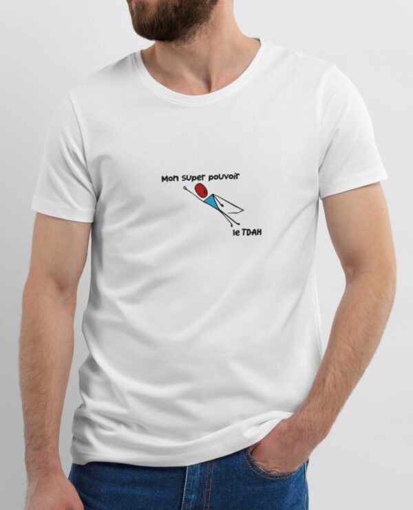 T-Shirt Blanc mon super pouvoir le TDAH bleu et rouge