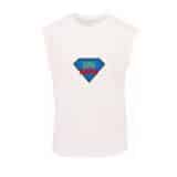 le débardeur homme humour Super Papa personnalisé à l'occasion de la fête des pères est un débardeur blanc avec un motif en forme de diamant qui est bleu vif avec une bordure noire dans lequel il est inscrit super papa écrit en en rouge et jaune