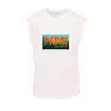 le débardeur Papa Forest personnalisé à l'occasion de la fête des pères est un débardeur blanc avec un motif rectangulaire dans lequel il y a une forêt en fond est au dessus écrit en Orange le mot PAPA en grand et bone fête en vert vif mais plus petit