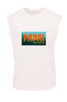 le débardeur Papa Forest personnalisé à l'occasion de la fête des pères est un débardeur blanc avec un motif rectangulaire dans lequel il y a une forêt en fond est au dessus écrit en Orange le mot PAPA en grand et bone fête en vert vif mais plus petit