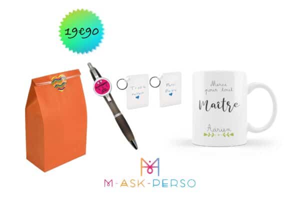 Cadeau personnalisé merci pour maître : Pack avec mug, stylo et porte-clés