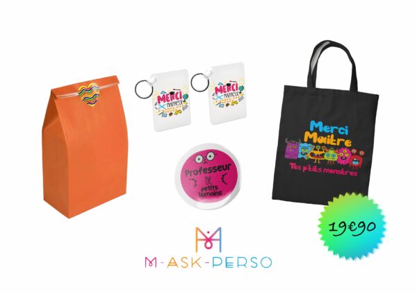 Cadeau personnalisé de merci maître : Pack tote bag, badge et porte-clés