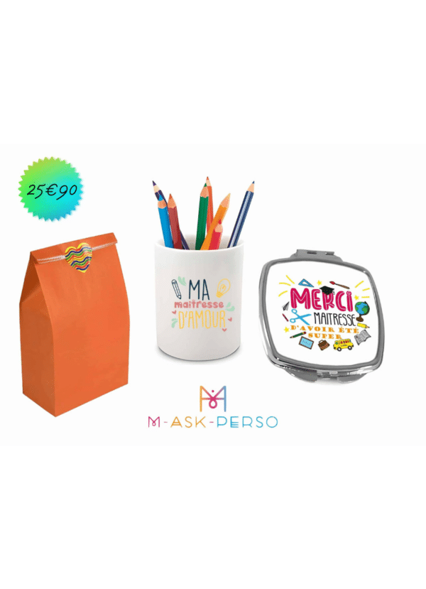 Lot merci maîtresse miroir et pot de crayons