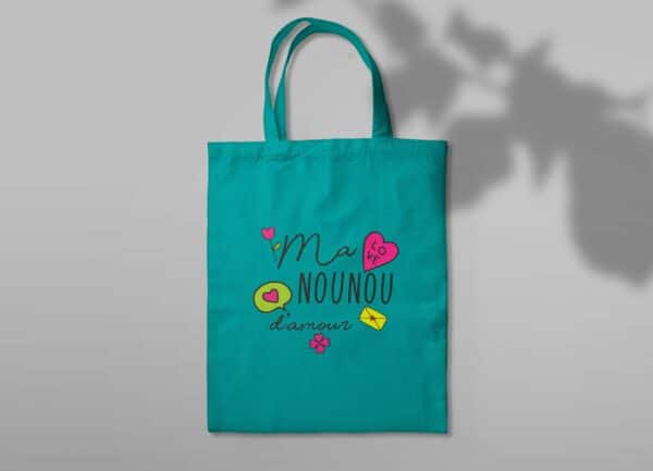 Cadeau personnalisable pour merci nounou : tote bag turquoise "ma nounou d'amour"