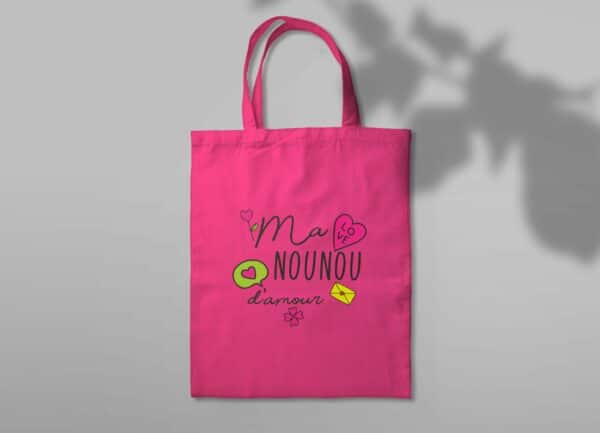 Objet personnalisable nounou : tote bag rose "ma nounou d'amour"