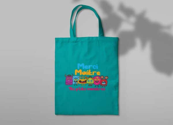 Idée de cadeau pour merci maître : Sac en toile turquoise "maître de petits monstre"