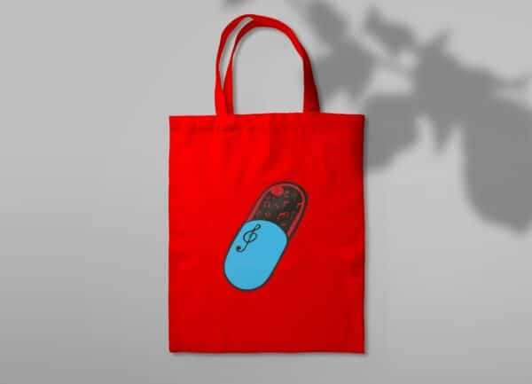 Sac en toile rouge gélule et clé de sol